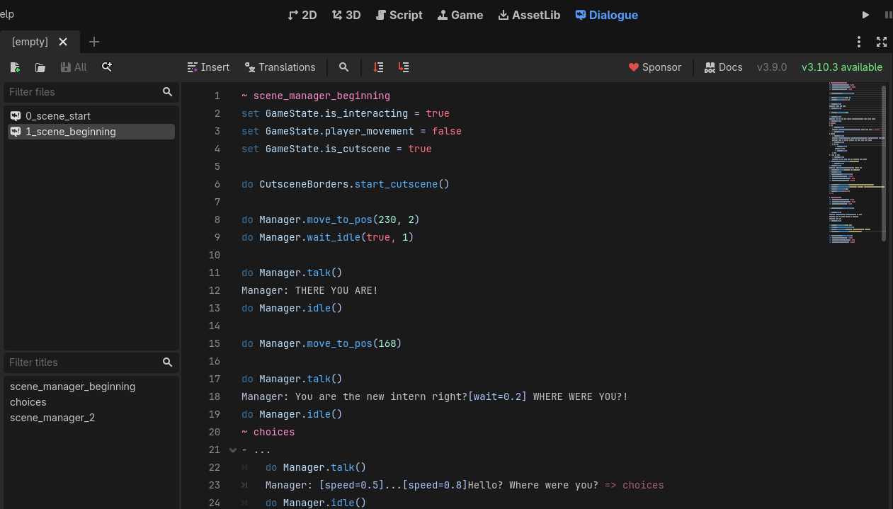 Dialogue Manager script for manager start scene